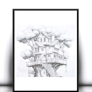 biało czarne plakaty A4, baśniowy plakat, plakat z domkiem, plakat z chatką, skandynawskie plakaty A4, boho posters A4, domek plakat, chatka plakat, ładne plakaty na ścianę, szary plakat