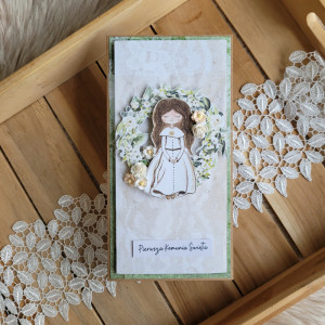 Kartka na Pierwszą Komunię Świętą dla dziewczynki z wiankiem