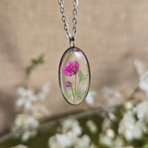 Srebrna zawieszka srebrny wisiorek naszyjnik żywica z żywicy kwiaty z kwiatami jajowata retro naturalna dziewczęca kobieca gipsówka