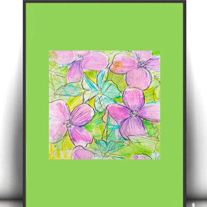 kwiaty rysunek A4, kolorowy obrazek z kwiatkami, kwiatki rysunek do domu, ogród obrazek A4, łąka obrazek na ścianę, różowo zielony plakat A4, botaniczny obrazek do sypialni