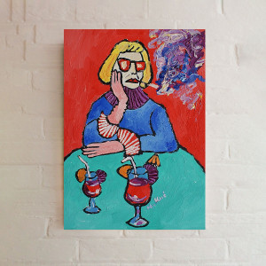 obraz ręcznie malowany babcia z drinkiem