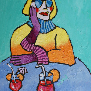 obraz ręcznie malowany babcia z drinkiem