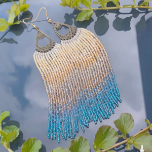 Kolczyki Frędzle Boho Lazur Plaża Długie Koraliki Etno