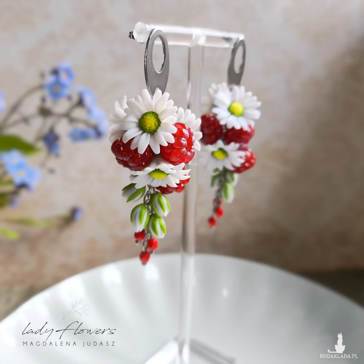 Kolczyki z malinami i stokrotkami