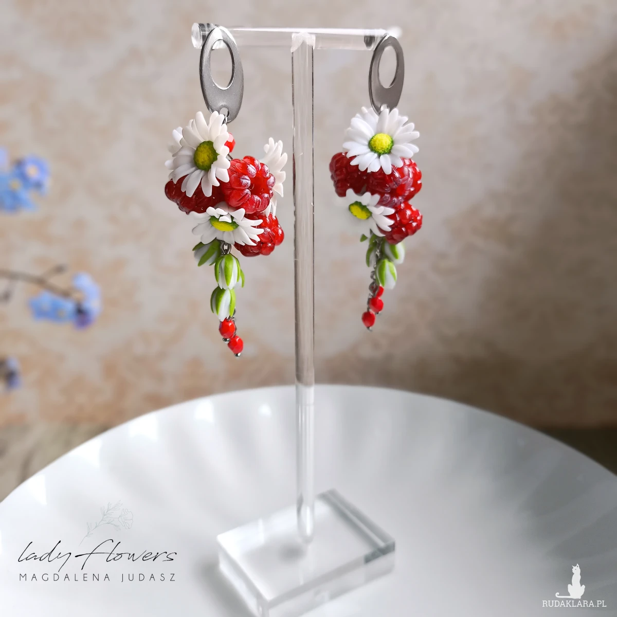 Kolczyki z malinami i stokrotkami