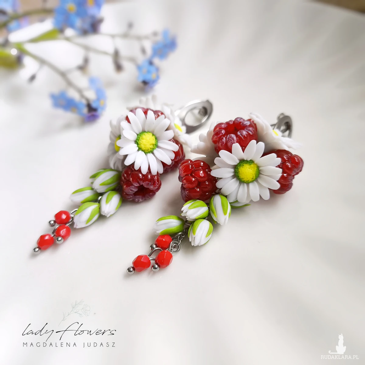 Kolczyki z malinami i stokrotkami