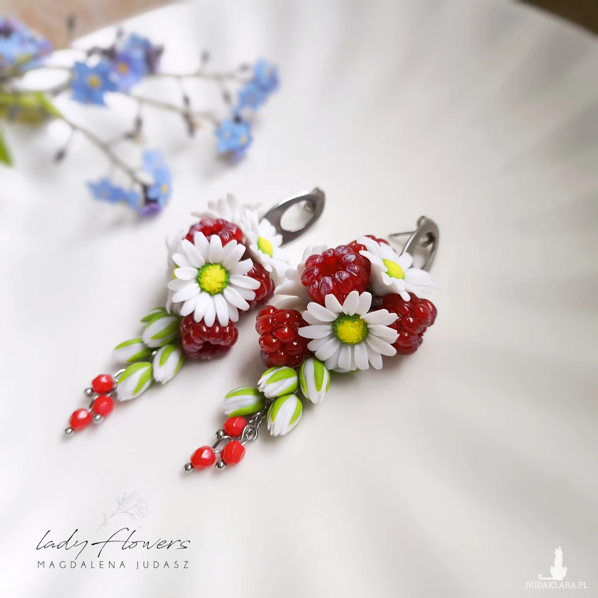 Kolczyki z malinami i stokrotkami