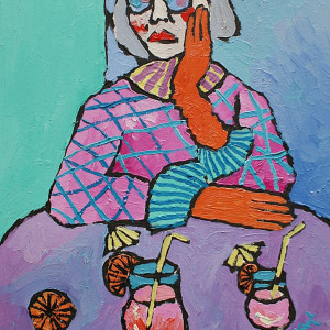 obraz ręcznie malowany babcia z drinkiem