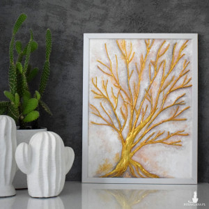 Obraz 3D „Złote Drzewo” - ręcznie rzeźbiona płaskorzeźba