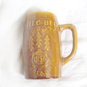 vintage kufel prl, ceramiczny kufel, kamionkowy kufel, Żywiec kufel, brązowy kufel z kamionki, vintage ceramika Tułowice, prl naczynia, retro kufel