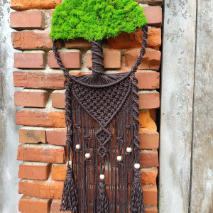 Makramowe drzewko z chrobotkiem w stylu Boho w kolorze ciemnej czekolady
