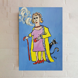 obraz ręcznie malowany babcia z drinkiem