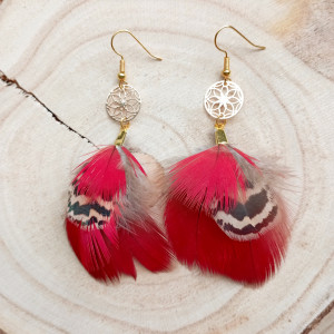 Kolczyki z piór pióra naturalne boho hippie etno indiańskie złote czerwone