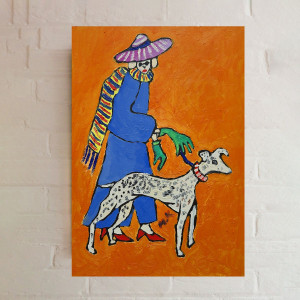 obraz ręcznie malowany babcia z pieskiem