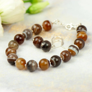 Srebrny komplet z agatów w odcieniu czekolady a1000-1