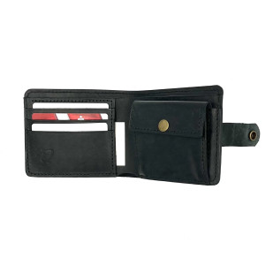 Czarny portfel skórzany na bilon i karty.