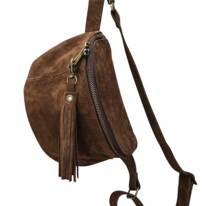 Duża nerka saszetka brązowa tobacco. Skóra zamszowa  z frędzlami