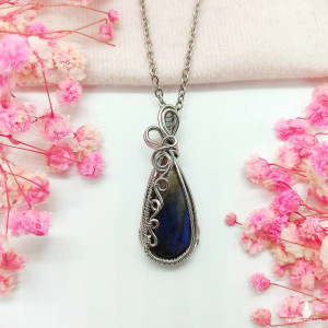 Naszyjnik Labradoryt Niebieski stal chirurgiczna wisiorek handmade wirewrapping