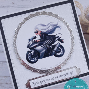 Kartka z okazji przejścia na emeryturę z babką na motorze, personalizacja