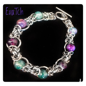 Bransoletka handmade ze stali szlachetnej z agatem - technika chainmaille