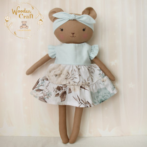 Miś Zosia przytulanka w miętowej sukieneczce z falbankami i opasce