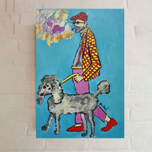 obraz ręcznie malowany dziadek z pieskiem
