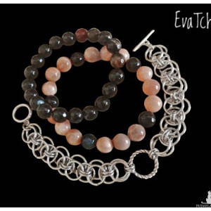 Bransoletka handmade ze stali szlachetnej z sardonyksem i kamieniem słonecznym  - technika chainmaille