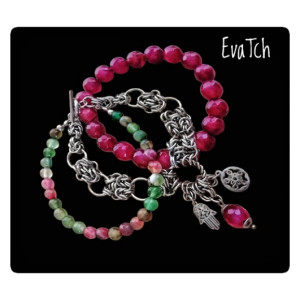 Bransoletka handmade ze stali szlachetnej z agatem - technika chainmaille