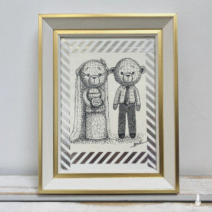 Młoda para misie w ramce rysowane piórkiem prezent ślubny obraz