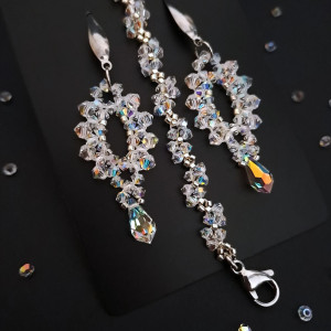 Kryształkowy Komplet Ślubny - Bransoletka i Okazałe Kolczyki w Odcieniach Bieli i Srebra