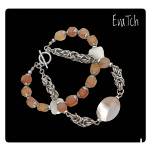 Bransoletka handmade ze stali szlachetnej z agatem i masą perłową- technika chainmaille