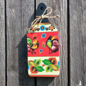 Deska kuchenna z motywem ludowym, łowickie kogutki, dekoracja do kuchni z kogutami folk etno boho