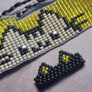 Komplet zestaw bransoletka + pierścionek "Kotek Pusheen" żółty z koralików szklanych Preciosa