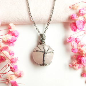 Naszyjnik Drzewo Życia Kwarc Różowy stal chirurgiczna wisiorek handmade wirewrapping