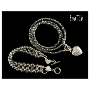 Zestaw handmade bransoletka i naszyjnik  ze stali szlachetnej z hematytem - technika chainmaille