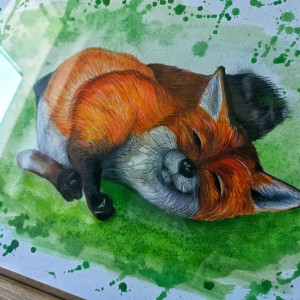 Obraz A4 Akwarela – Młody Lisek w Drewnianej Ramce