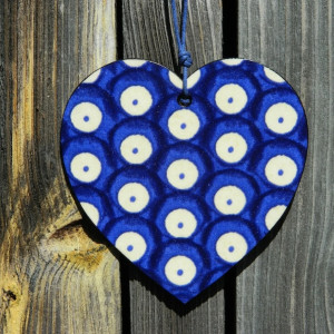 Drewniane serce w bolesławiecki wzór, Ozdoba na ścianę, meble, drzwi, choinkę w kształcie serca, Vintage serduszko na Walentynki, Retro prezent Bolesławiec, Dekoracja niebiesko-biała