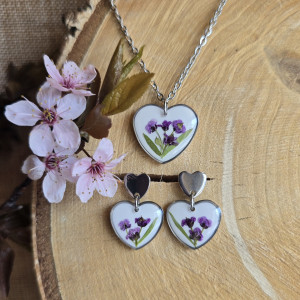 Komplet kolczyki srebrna zawieszka srebrny wisiorek wisior naszyjnik żywica kwiaty z prawdziwymi kwiatami smagliczka