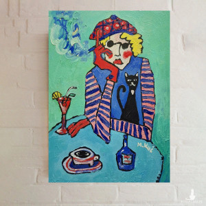 obraz ręcznie malowany babcia z kotkiem