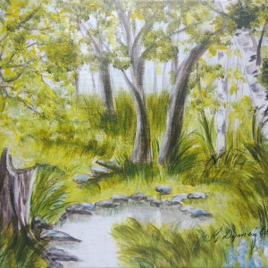 OBRAZ RĘCZNIE MALOWANY AKRYLOWY "WŚRÓD DRZEW" - 24x30cm