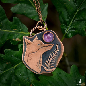 Wisior miedziany naszyjnik z ametystem lis i paproć PROMOCJA