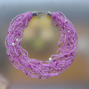 Naszyjnik Koraliki Drobne Różowe Z Perłą