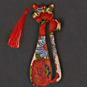 Drewniana zakładka do książki,  KOT "Maki haftowane"