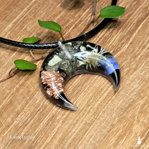 Czarna Lunula, orgonit - mały wisiorek z żywicy, bizmut, stokrotka, niezapominajka