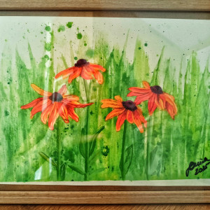 Obraz A4 z Rudbekiami – Ręcznie Malowany w Ramce Drewnianej