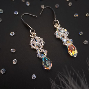 Delikatne Wiszące Kolczyki Ślubne - Koraliki Miyuki Delica i Kryształki Preciosa Crystal AB