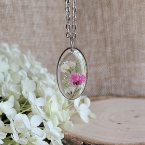 Srebrna zawieszka srebrny wisiorek naszyjnik żywica z żywicy kwiaty z kwiatami jajowata retro naturalna dziewczęca kobieca gipsówka
