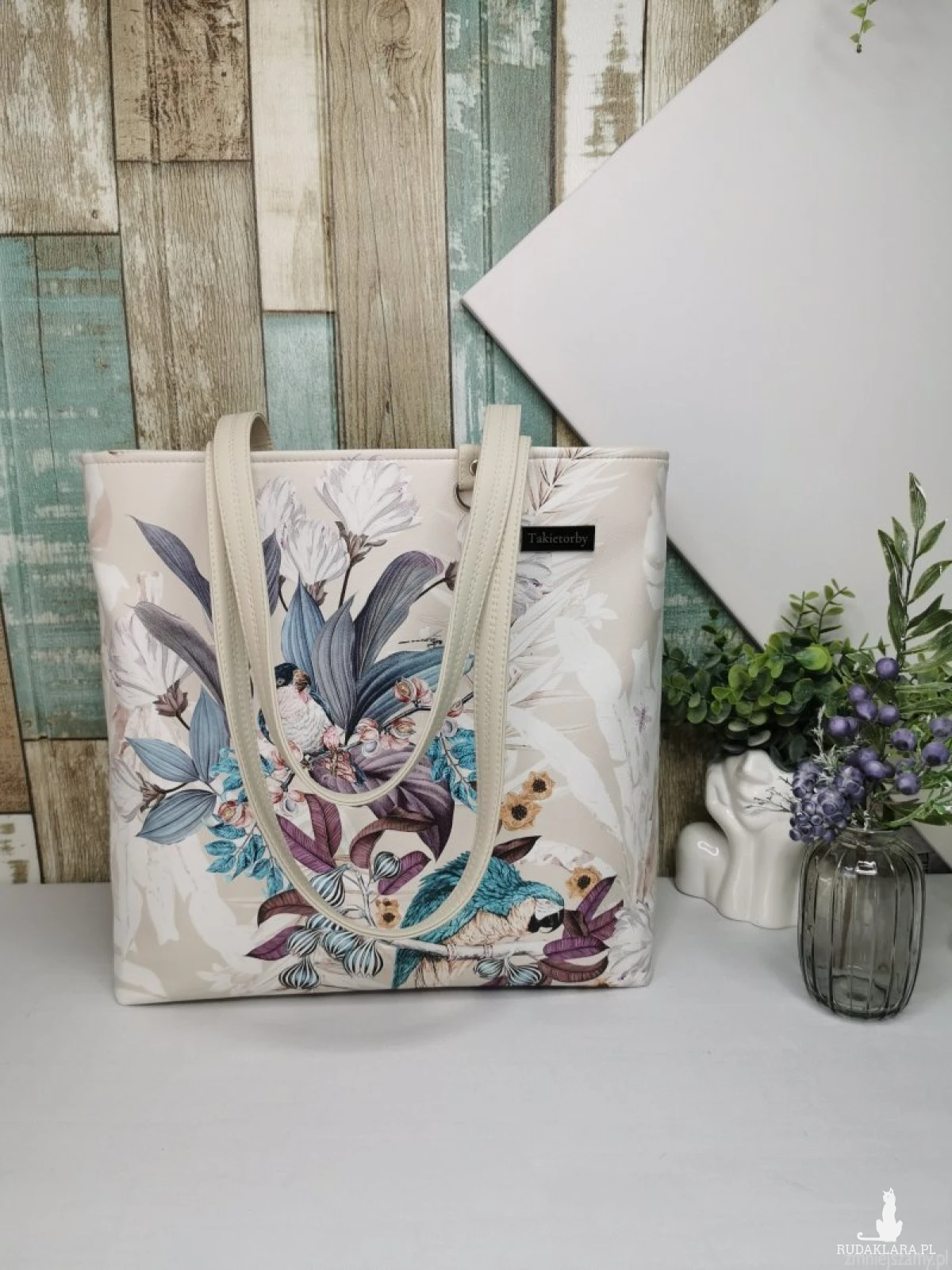 Torebka damska shopper bag torebka na ramię zamykana - ekoskóra  ptaki