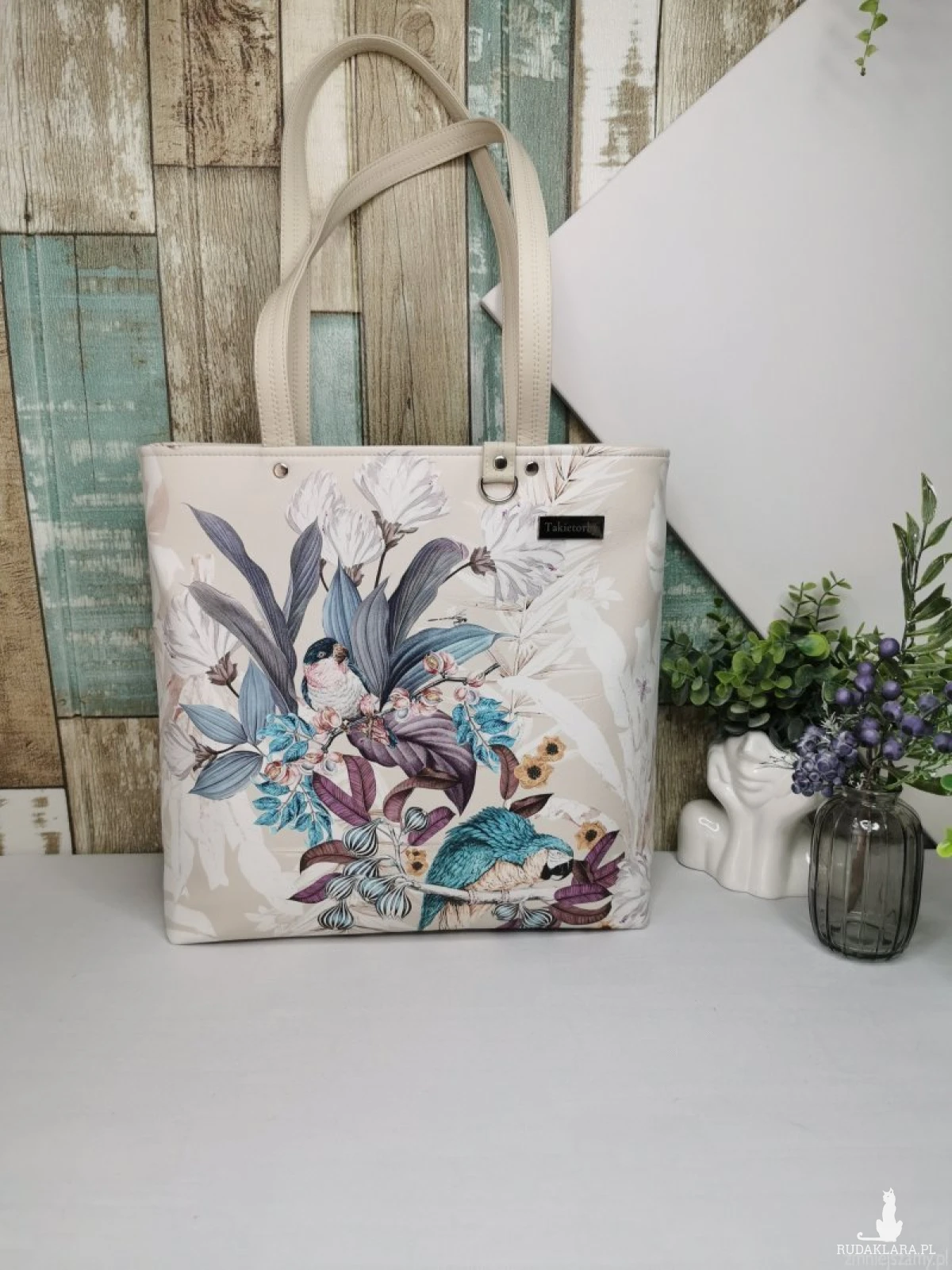 Torebka damska shopper bag torebka na ramię zamykana - ekoskóra  ptaki