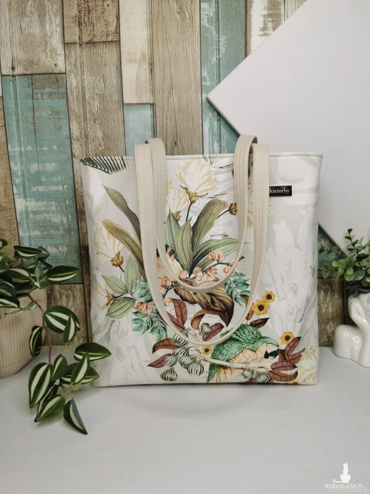 Torebka damska shopper bag torebka na ramię zamykana - ekoskóra ptaki 2